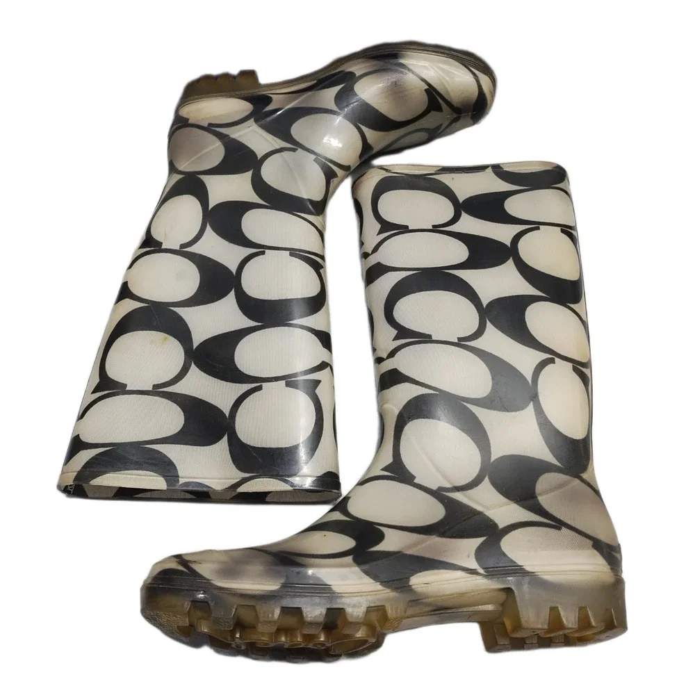 Coach Rain Boots Womens US 9 Multi Signature Logo Waterproof Mid Calf Pull On
